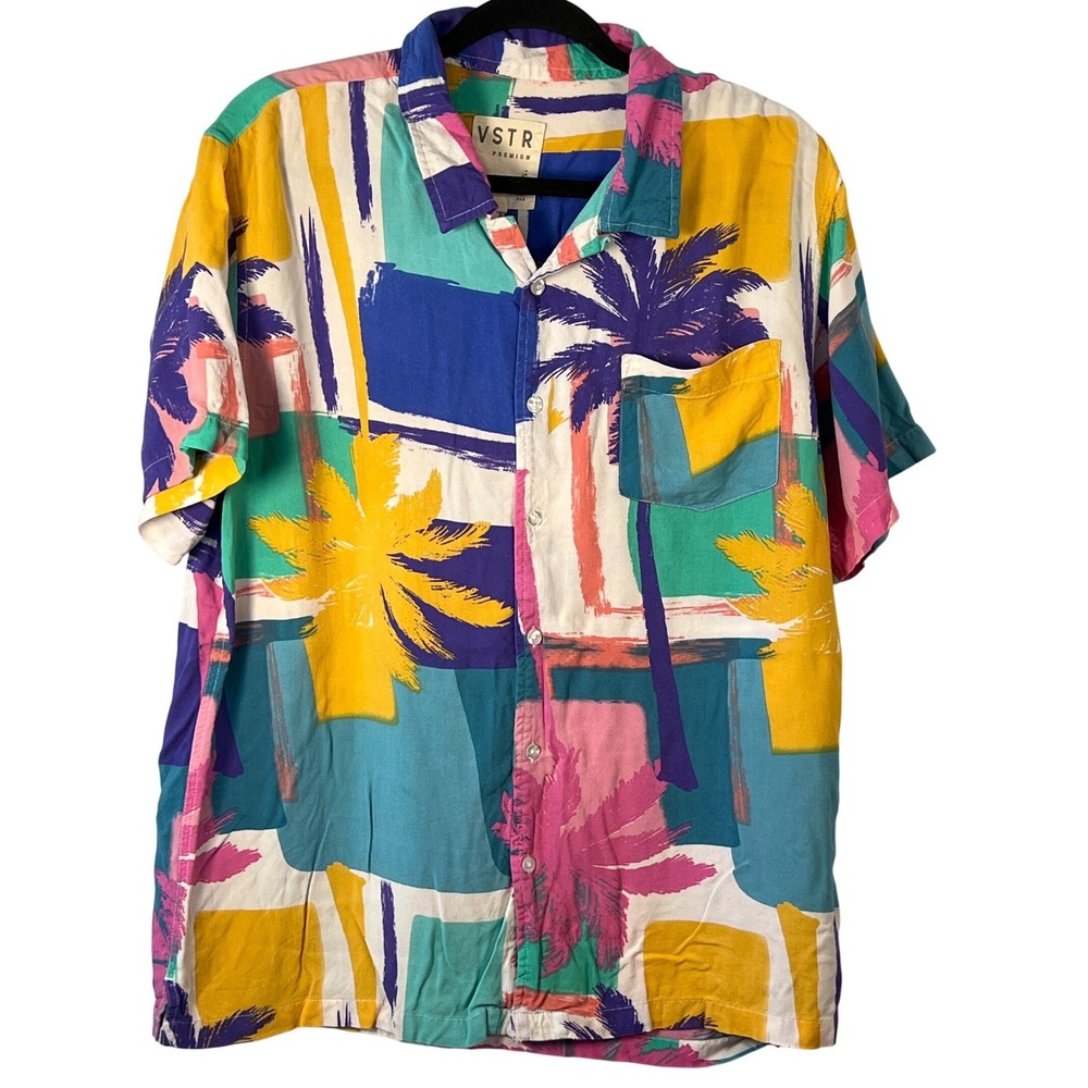 VSTR Mens Colorful Yellow Blue Tropical Button Up Shirt Vacation 90s Retro Large